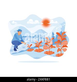 Glücklicher junger Mann, der das Wachstum von Setzlingen im Garten mit Sonnenlicht und einem digitalen Wachstumsdiagramm betrachtet. Konzept des Unternehmenswachstums zum Erfolg. Stock Vektor