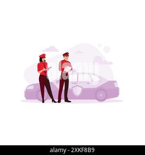 Zwei verschiedene Polizisten in Uniform stehen neben einem Polizeiauto. Sie schreiben den Verkehr gut und sind auf der Straße entspannt. Verschiedene Belegungen Stock Vektor