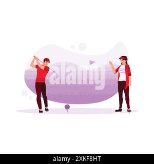 Männliche und weibliche Golfspieler spielen Golf auf dem Platz. Sie spielten Golf, während sie die Aussicht rund um das System genossen. Sportsportler-Konzept. Trend Modern Vect Stock Vektor