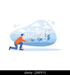 Pflanzen Sie Samen, die in der Sonne im Garten wachsen. Der Mensch beobachtet das Pflanzenwachstum anhand eines Wachstumsdiagramms. Konzept Der Wachstumsanalyse. Trend Moderne Vektorflachillust Stock Vektor