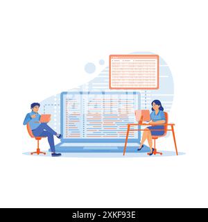 Junge IT-Programmierer und IT-Software-Team Brainstorming und Programmierung auf einem Laptop-Computer. Zusammenarbeit in Start-up- und Unternehmerbetrieben Stock Vektor