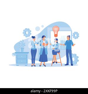 Besprechung des Geschäftsteams im Besprechungsraum des Büros. Geschäftsteam arbeitet zusammen und diskutiert Geschäftsideen für neue Projekte. Besprechen Sie die Informationen c Stock Vektor