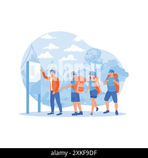 Eine Gruppe von Touristen versammelt sich um einen Reiseleiter. Der Reiseleiter erzählt Ihnen mehr über die Gegend. Konzept des Touristenführers. Trend Moderne Vektor-flache Illustration Stock Vektor
