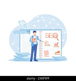 Geschäftsmann, der ein Notizbuch verwendet, um ein Optimierungsschema für Seo aufzuzeichnen. Der Unternehmer optimiert die Website, um den Traffic auf der Website zu fördern. SEO-Konzept. tre Stock Vektor