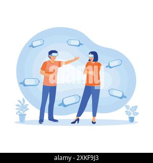 Glückliches junges Paar mit virtueller Brille. Konzept virtueller Beziehungen. Trend Moderne Vektor-flache Illustration Stock Vektor