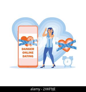 Handy-Bildschirm mit Warnband am Herzen und die Gefahren von Online-Dating. Junge Frauen fühlen sich gestresst, weil sie keine Online-Dates besuchen können Stock Vektor