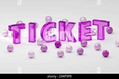 Luxuriöses lila Glas Inschrift Ticket auf grauem Podium, weiches Licht, glatter Hintergrund, 3D-Rendering-Illustration Stockfoto