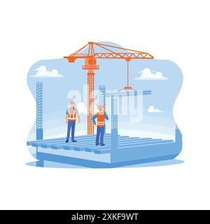 Das Bauteam ist auf der Baustelle. Der Architekt-Ingenieur spricht über ein Funkgerät. Kranmaschine hebt Stahlträger an Stock Vektor