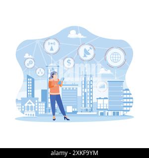 Junge Frau, die auf Smart City-Hintergrund steht. Verwenden eines Smartphones mit einem digitalen 5G-Funkverbindungskonzept und zukünftigem Internet. Telekommunikation A Stock Vektor