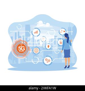 Geschäftsfrauen arbeiten in modernen Büros mit Business Intelligence-Technologie. Konzept der künftigen 5G-Wireless-Digital-Verbindung und der sozialen Medien Stock Vektor