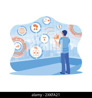 Ein Mann, der vor dem Hintergrund eines Bürogebäudes steht. Über ein Smartphone mit einem modernen kreativen Telekommunikations- und Internetnetzwerk, das angeschlossen ist Stock Vektor