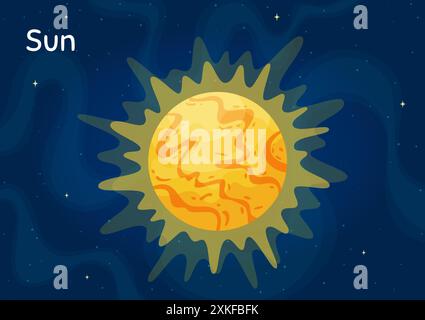 Sonnensystem Stern Sonne Vektor Illustration. Himmlisches Objekt-Kunstkonzept mit isoliertem Stern Sonne im Sonnensystem auf dunkelblauem horizontalen Sternenhintergrund Stock Vektor