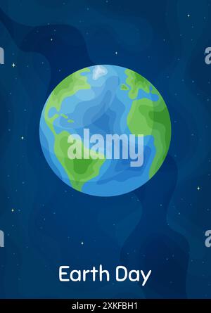Poster zum Schutz der Umwelt zum Welttag der Erde. Vertikaler blauer Hintergrund mit Cartoon-Stil Planet Erde. Umweltkonzept Banner, Umweltschutz sparen Stock Vektor