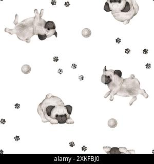 Nahtloses Muster von Tierhunden und Pfoten, Ball für Kinder. Handgezeichnete Illustration eines Mops, der auf isoliertem Hintergrund läuft oder springt. Minimalistisch Stockfoto