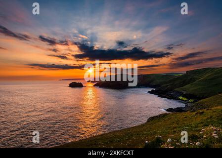 Sonnenaufgang bei Sonnenaufgang in der Nähe der Sommersonnenwende, die über der Bucht von Gullastem aufgeht, aufgenommen von Barras Nose, Tintagel, Cornwall, Großbritannien Stockfoto