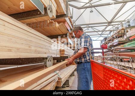 Título: Pensionierter hispanischer Mann in seinen 70ern wählte Holz, um im Laden zu kaufen, um sein Haus zu renovieren Stockfoto