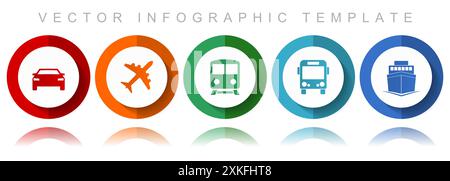 Sammlung von Vektorsymbolen für den Transport, verschiedene Symbole wie Auto, Flugzeug, Zug, Bus und Schiff, Infografik-Vorlage für flaches Design in eps 10 Stock Vektor