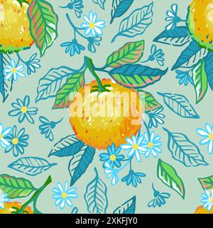 Vektor Hand gezeichnetes nahtloses Muster orange Früchte. Illustrationen von hellen Zitrusfrüchten, Orangen und Blumen Stock Vektor