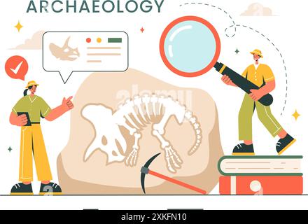 Archäologie Vektor-Illustration mit einer archäologischen Ausgrabung von antiken Ruinen, Artefakten und Dinosaurierfossilien in einem flachen Cartoon Hintergrund Stock Vektor