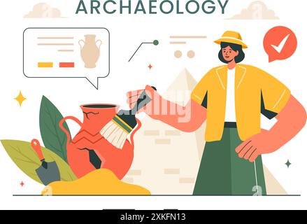 Archäologie Vektor-Illustration mit einer archäologischen Ausgrabung von antiken Ruinen, Artefakten und Dinosaurierfossilien in einem flachen Cartoon Hintergrund Stock Vektor