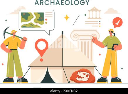 Archäologie Vektor-Illustration mit einer archäologischen Ausgrabung von antiken Ruinen, Artefakten und Dinosaurierfossilien in einem flachen Cartoon Hintergrund Stock Vektor