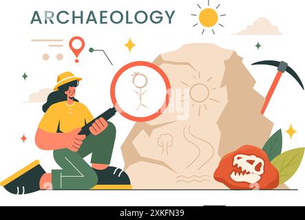 Archäologie Vektor-Illustration mit einer archäologischen Ausgrabung von antiken Ruinen, Artefakten und Dinosaurierfossilien in einem flachen Cartoon Hintergrund Stock Vektor