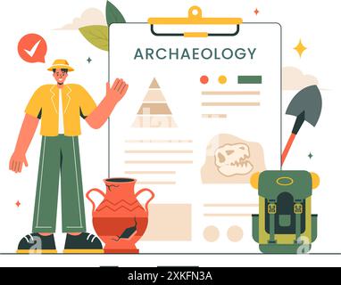 Archäologie Vektor-Illustration mit einer archäologischen Ausgrabung von antiken Ruinen, Artefakten und Dinosaurierfossilien in einem flachen Cartoon Hintergrund Stock Vektor