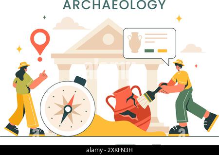 Archäologie Vektor-Illustration mit einer archäologischen Ausgrabung von antiken Ruinen, Artefakten und Dinosaurierfossilien in einem flachen Cartoon Hintergrund Stock Vektor