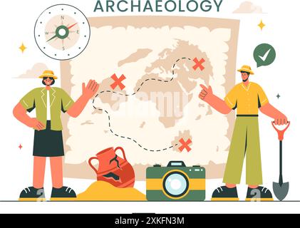 Archäologie Vektor-Illustration mit einer archäologischen Ausgrabung von antiken Ruinen, Artefakten und Dinosaurierfossilien in einem flachen Cartoon Hintergrund Stock Vektor