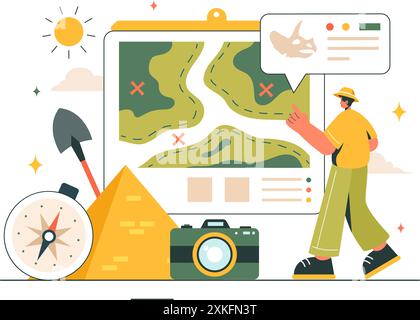 Archäologie Vektor-Illustration mit einer archäologischen Ausgrabung von antiken Ruinen, Artefakten und Dinosaurierfossilien in einem flachen Cartoon Hintergrund Stock Vektor