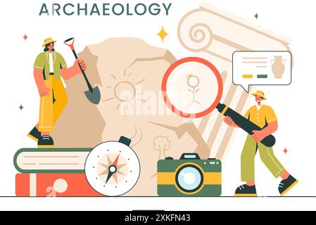 Archäologie Vektor-Illustration mit einer archäologischen Ausgrabung von antiken Ruinen, Artefakten und Dinosaurierfossilien in einem flachen Cartoon Hintergrund Stock Vektor