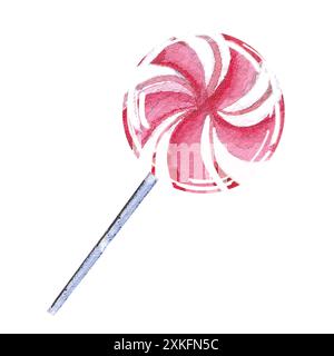 Lutscher mit rundem Streifenmuster in Aquarellrosa. Handgezeichnete Aquarellillustration von süßrosa und weißem Lutscher. Stockfoto