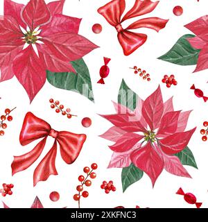 Nahtloses Muster mit Weihnachtsstern, Weihnachtsblume, roter Schleife und Beeren. Aquarellfarben, handgezeichnet. Moderne, universelle Kunstvorlagen. Unternehmen h Stockfoto