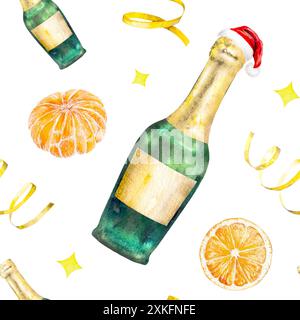 Nahtloses Muster mit Weihnachtsaquarell-Illustration mit Champagnerflasche, Serpentine und Mandarinen. Handgezeichnete Silvester-Illustration für Feiertagsdekor Stockfoto