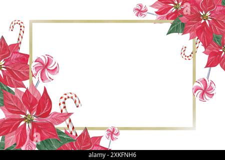 Weihnachtskartenrahmen mit Blumenmuster und Weihnachtsstern. Aquarell Illustration Party Einladung Vorlage, Hand gezeichnet, Blätter, Blumen und Zuckerrohr Stockfoto