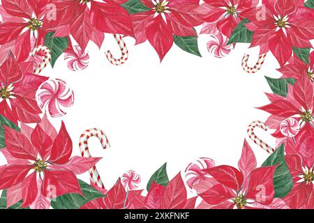 Weihnachtskartenrahmen mit Blumenmuster und Weihnachtsstern. Aquarell Illustration Party Einladung Vorlage, Hand gezeichnet, Blätter, Blumen und Zuckerrohr Stockfoto