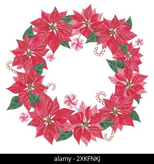 Weihnachtskartenrahmen mit Blumenmuster und Weihnachtsstern. Aquarell Illustration Party Einladung Vorlage, Hand gezeichnet, Blätter, Blumen und Zuckerrohr Stockfoto
