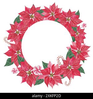 Weihnachtskartenrahmen mit Blumenmuster und Weihnachtsstern. Aquarell Illustration Party Einladung Vorlage, Hand gezeichnet, Blätter, Blumen und Zuckerrohr Stockfoto
