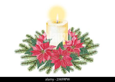 Weihnachten oder Neujahr Aquarellkomposition mit Zweigen von Tannen und Kiefern, Kerzen und Weihnachtsstern Blume Illustration. Winterstrauß zur Begrüßung Stockfoto