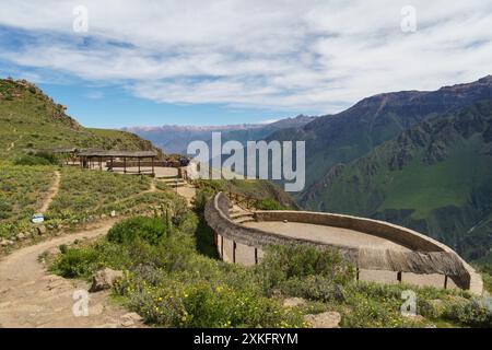 Colca Canyon, Peru: Der berühmte Aussichtspunkt Cruz del Condor am berühmten Colca Canyon in der Nähe von Arequipa in den Anden in Peru in Südamerika Stockfoto