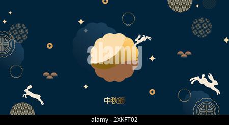 Bannerdesign mit traditionellen chinesischen Mustern, Mond, springende Hasen unter dem Mond. Gold auf dunklem Hintergrund. Mondkuchen. Übersetzung aus dem Chinesischen - Stock Vektor