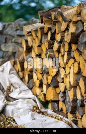 Für den Winter vorbereitetes Brennholz, in Form einer Wand gefaltet. Stockfoto