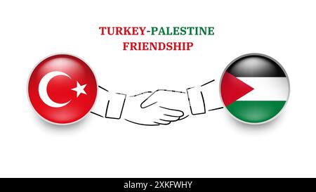 Türkei- und Palästina-Flaggen im Kreis mit schüttelnder Hand. Türkei und Palästina Freundschaft. Türkische und palästinensische Flaggen, isoliert auf weißem Hintergrund. Stock Vektor