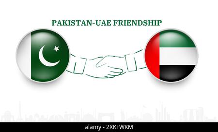 Pakistanische und VAE-Flaggen im Kreis mit schüttelnder Hand. pakistan VAE Freundschaft. Pakistanische und VAE-Flaggen, isoliert auf weißem Hintergrund. Vektorsymbolgruppe. Stock Vektor