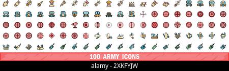 100 Armee-Symbole Set. Farblinie Satz von Armee-Vektor-Symbolen dünne Linie Farbe flach auf weiß Stock Vektor