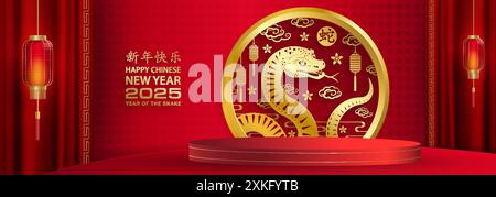 3D-Podium-Runde Bühne für glückliches chinesisches Neujahr 2024 Dragon Zodiac Zeichen, auf farbigem Hintergrund (Chinesisch Übersetzung: Glückliches neues Jahr 2024, Jahr des Drago Stock Vektor