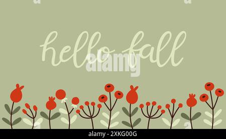 Herbstlich handgezeichnetes Hello Herbstbanner. Handgeschriebener Schriftzug der Herbstsaison. Phrase mit niedlichen, gemütlichen Designelementen Stock Vektor
