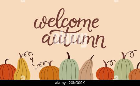 Handgezeichnetes Willkommensbanner im Herbst. Handgeschriebener Schriftzug der Herbstsaison. Herbstsphrase mit niedlichen, gemütlichen Designelementen Stock Vektor