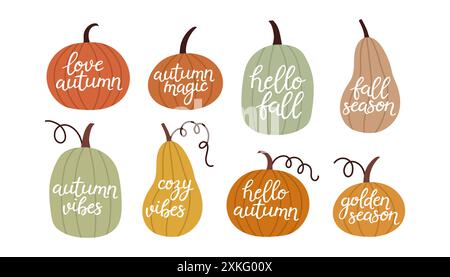 Einfaches Kürbis-Schriftzug-Set. Herbstliches Set mit handgezeichneten niedlichen und gemütlichen Designelementen. Herbst, Kürbissaison. Stock Vektor