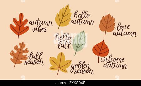 Einfacher Blattschriftsatz. Herbstliches Set aus handgezeichneten niedlichen, gemütlichen Designelementen. Herbst, Thanksgiving Tag, Herbstsaison. Stock Vektor